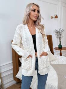 SHEIN Essnce Dual Pocket Drop Shoulder Cable Knit Duster Cardigan - White - View 1