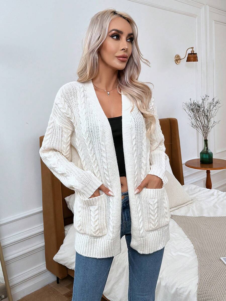 SHEIN Essnce Dual Pocket Drop Shoulder Cable Knit Duster Cardigan - White - View 1