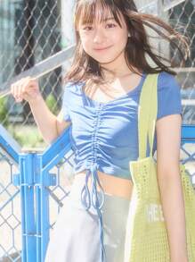 Muchica 無地柄 ドローストリング フリルの付いた Tシャツ - ダスティブルー - チェックする 2