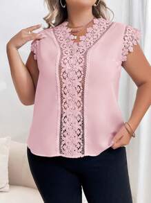 SHEIN Privé Talla grande Blusa panel con encaje - Rosa Pálido - Ver 6