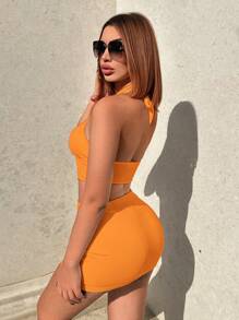 SHEIN SXY Solid Halter Top & Bodycon Skirt - Orange - View 3