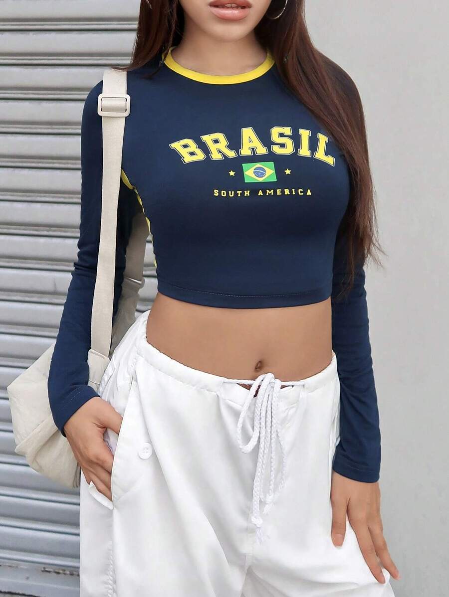 SHEIN EZwear Letter Graphic Contrast Binding Crop Tee - Navy Blue - View 1