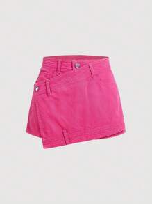 SHEIN MOD Solid Wrap Denim Skort - Pink - View 1