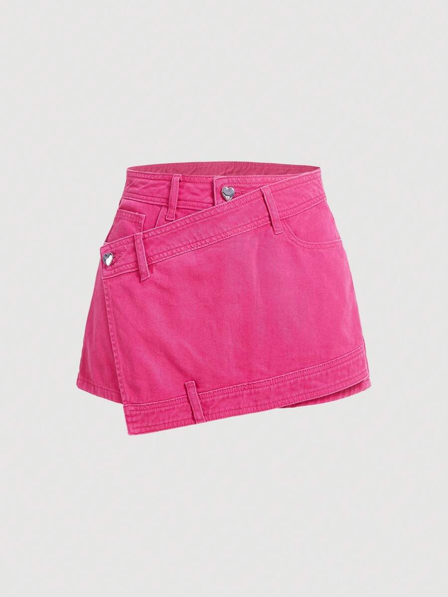 SHEIN MOD Solid Wrap Denim Skort - Pink - View 1