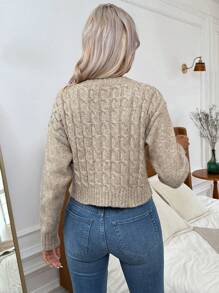 SHEIN Essnce Cable Knit Drop Shoulder Button Front Cardigan - Apricot - View 2