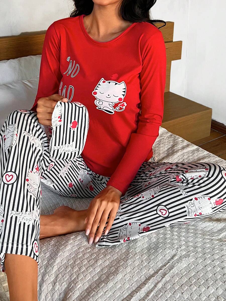 SHEIN Cottnline Cotton Cartoon And Striped Print PJ Set - Red - View 1