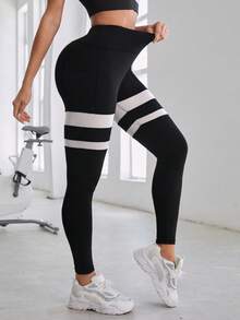 SHEIN Yoga Futuristic Striped Print Wide Waistband Sports Leggings With Phone Pocket - Black and White - View 3