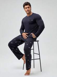 Men Graphic Print PJ Set / Pajama Set, Fall Clothes - Navy Blue - View 6