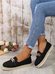 1 par de sapatos casuais femininos da moda com decoração de corrente de metal, design de sola grossa trançada para maior conforto, adequados para uso diário, lazer e deslocamento, versáteis para todas as estações - Preto - Ver 6