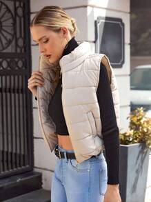 EURMUSE Zip Up Puffer Vest Coat - Beige - View 3