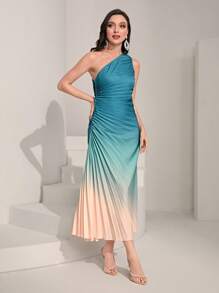 Modelyn Bóng Một bờ vai Xù Viền xếp Đầm - Màu xanh lam - Xem 5