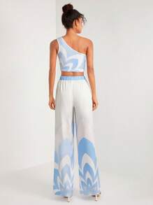 Twist and Jam 單肩短款上衣&闊腿褲 - 藍白色 - 查看 2