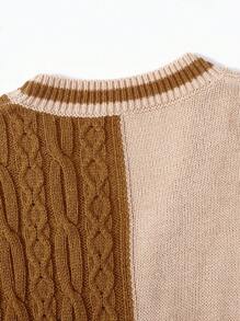 Tween Boy Two Tone Letter Embroidery Striped Trim Drop Shoulder Cable Knit Cardigan - Apricot - View 4