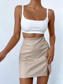EURMUSE Women's Solid Color High Waist Side Slit Hem PU Leather Mini Skirt - Apricot - View 4