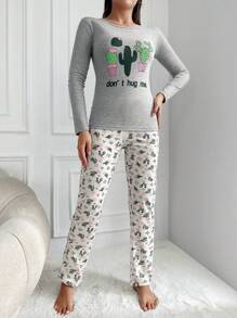 SHEIN Cottnline Cactus And Slogan Graphic PJ Set - Multicolor - View 3