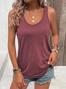 SHEIN LUNE Solid Scoop Neck Tank Top - Maroon - View 6