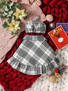 Baby Girl Plaid Print Bow Front Ruffle Hem Cape & Hat