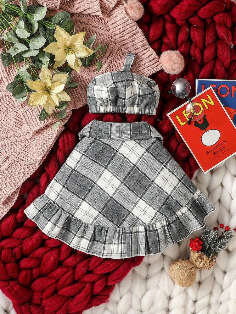 Plaid Ruffle Bow Collar Open Front Cape Coat + Pumpkin Hat, Fashionable Elegant Outerwear For Baby Girls, Autumn/Winter