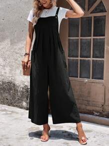 SHEIN LUNE Mono overol unicolor de pierna ancha sin camiseta - Negro - Ver 4
