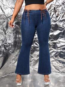 SHEIN ICON Plus Lace Up Front Flare Leg Jeans - Dark Wash - View 4
