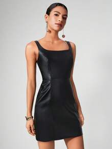 Maija Solid PU Leather Dress Without Chain Belt - Black - View 7