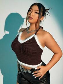 SHEIN ICON Plus Fuzzy Trim Halter Knit Top - Coffee Brown - View 3