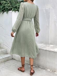 SHEIN Frenchy Chevron Jacquard Lantern Sleeve Tie Back Dress - Green - View 6