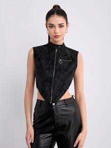 SHEINNeu Nhuộm buộc Dây kéo Viền không đối xứng Áo khoác vest - màu đen - Xem 1