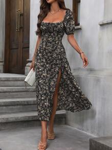 Breezaya 小碎花印花方领泡泡袖开叉大腿连衣裙长款度假海滩装女式 - 黑色 - 查看 5