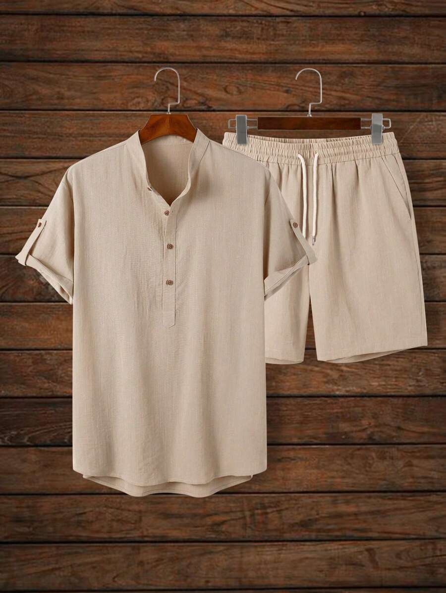 Manfinity Homme 男士半排扣捲邊袖襯衫和腰部抽繩短褲 - 卡其色 - 查看 1
