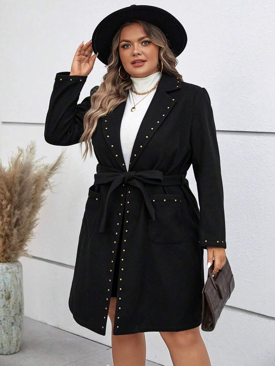 SHEIN Clasi Plus Studded Detail Belted Overcoat - Black - View 1