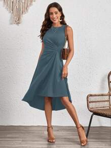 SHEIN Clasi 前收褶素色連衣裙 - 霧霾藍 - 查看 5