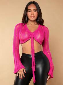 SHEIN SXY Tie Front Flounce Sleeve Crop Knit Top - Hot Pink - View 5