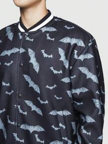 ROMWE MEN Goth 男士滿版蝙蝠圖案條紋飾邊飛行員夾克 - 黑色 - 查看 2