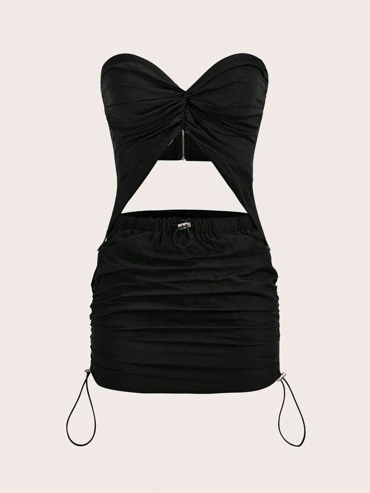 Solid Tube Top & Ruched Drawstring Side Skirt
