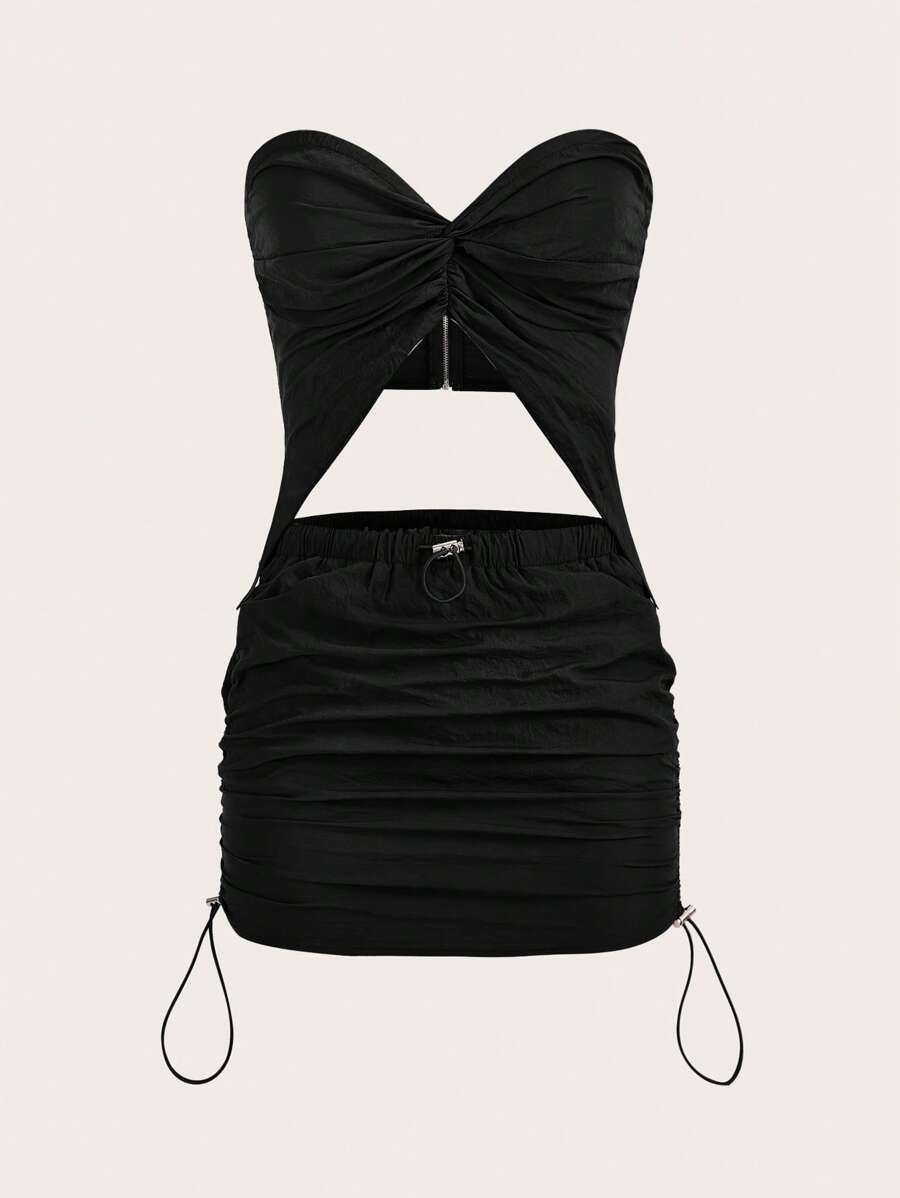 SHEIN ICON 素色抹胸上衣&褶邊側抽繩半身裙 - 黑色 - 查看 1