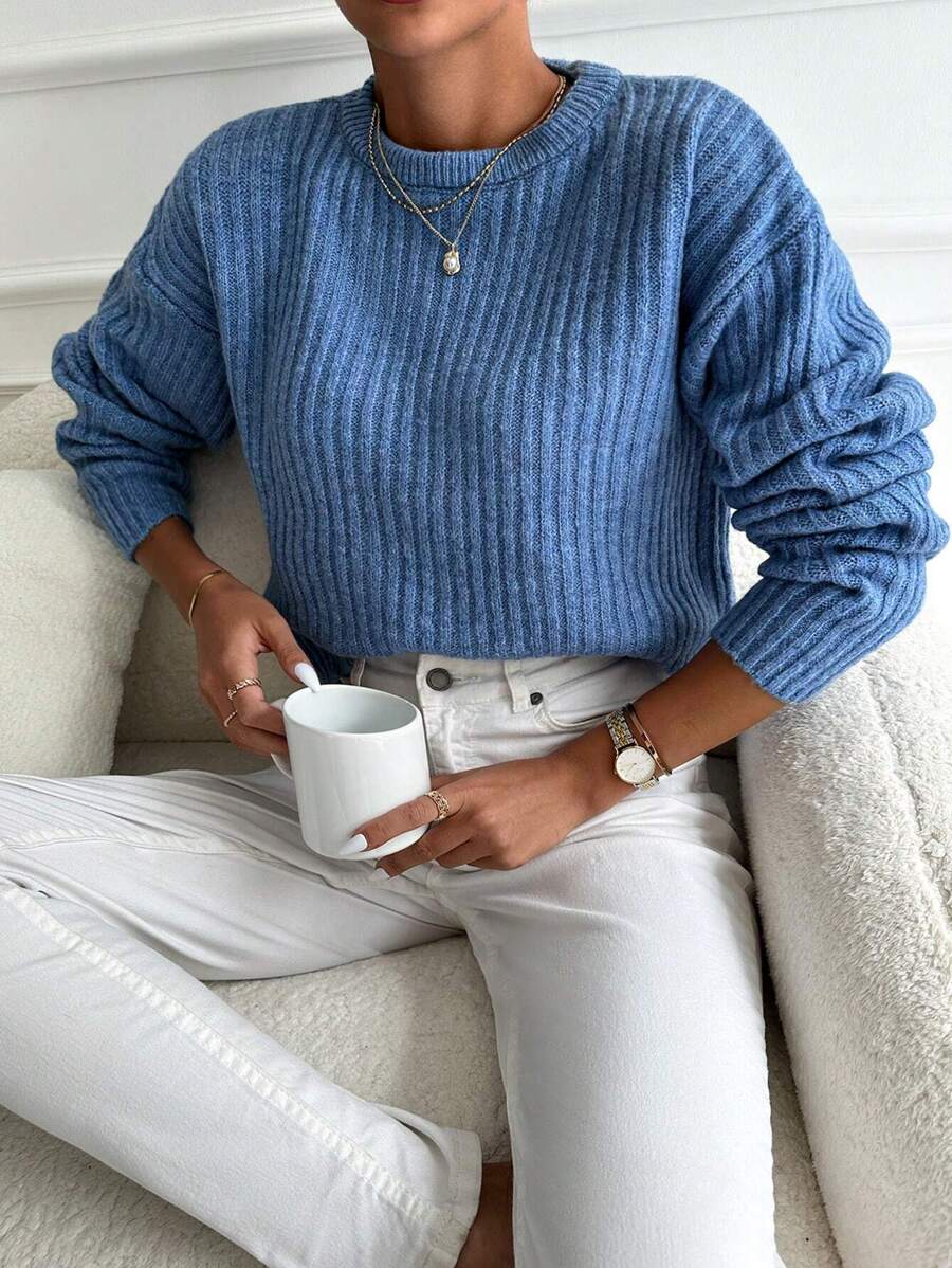 EURMUSE Jersey unicolor de hombros caídos tejido de canalé - Azul - Ver 1