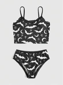 ROMWE Goth 蝙蝠圖案蕾絲拼接睡衣套裝 - 彩色 - 查看 1