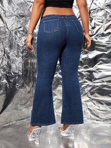 SHEIN ICON Plus Lace Up Front Flare Leg Jeans - Dark Wash - View 2