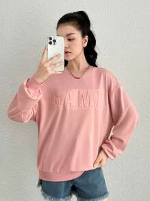 Teen Girl Letter Embossed Drop Shoulder Sweatshirt - Dusty Pink - View 1