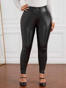 SHEIN Privé Hơn Cao eo chất liệu da PU Quần bó sát - màu đen - Xem 1