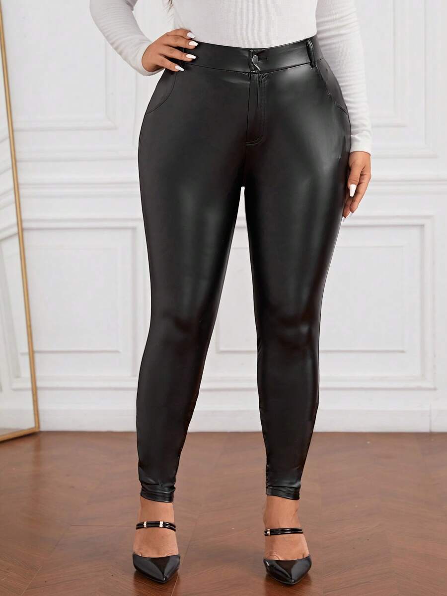 SHEIN Privé Hơn Cao eo chất liệu da PU Quần bó sát - màu đen - Xem 1