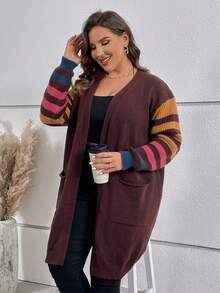 SHEIN LUNE Áo khoác cardigan họa tiết sọc cỡ lớn thả vai - Màu nâu Sô-cô-la - Xem 7