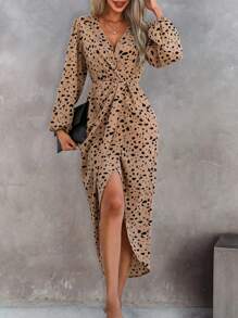 SHEIN Unity 斑點印花燈籠袖鬱金香下擺連衣裙 - 卡其色 - 查看 5