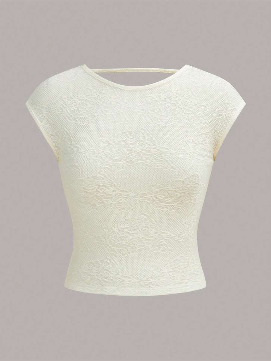 SHEIN ICON Solid Open Back Batwing Sleeve Tee - Beige - View 1