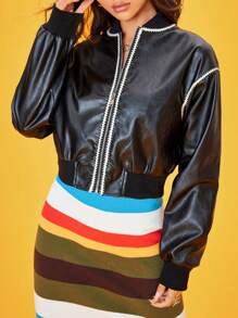 SHEIN Unity Bomber À Bordure Contrastante Épaule tombante en PU - Noir - Voir 4