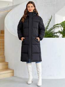 Cinemore Slant Pocket Zip Up Hooded Padded Coat - Black - View 6