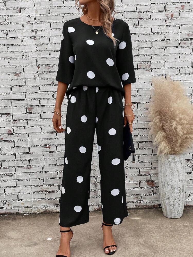 Polka Dot Print Blouse & Wide Leg Pants
