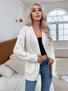SHEIN Essnce Dual Pocket Drop Shoulder Cable Knit Duster Cardigan - White - View 4
