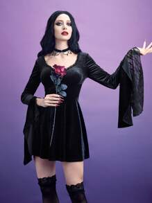 ROMWE PUNK Velvet Contrast Lace Flounce Sleeve Dress - Black - View 7